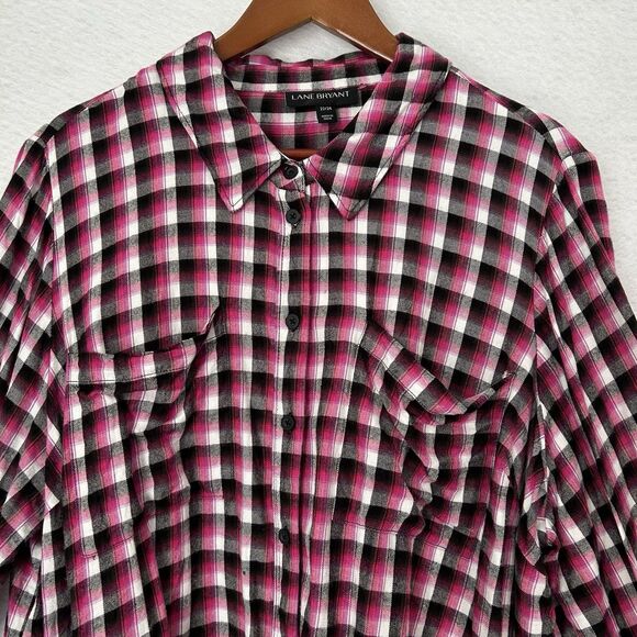 Lane Bryant Top Women 22/24 Pink Black Plaid Button Up Roll Tab Tunic Cabin Farm - Picture 8 of 16